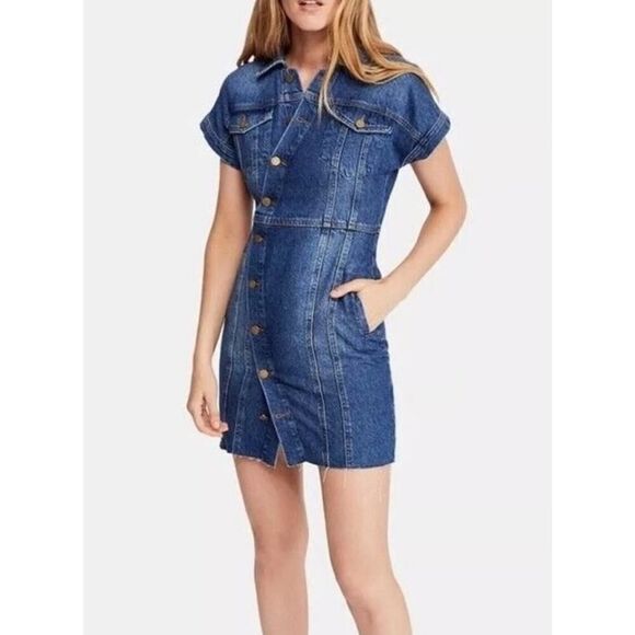 Free People The City Button-Front Denim Dress, Asymmetrical NWT | L |Preppy Boho - Picture 1 of 10
